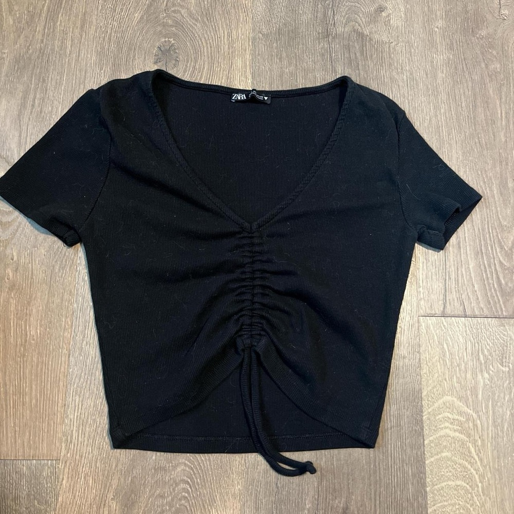 Zara Black Gathered V-Neck Crop Top